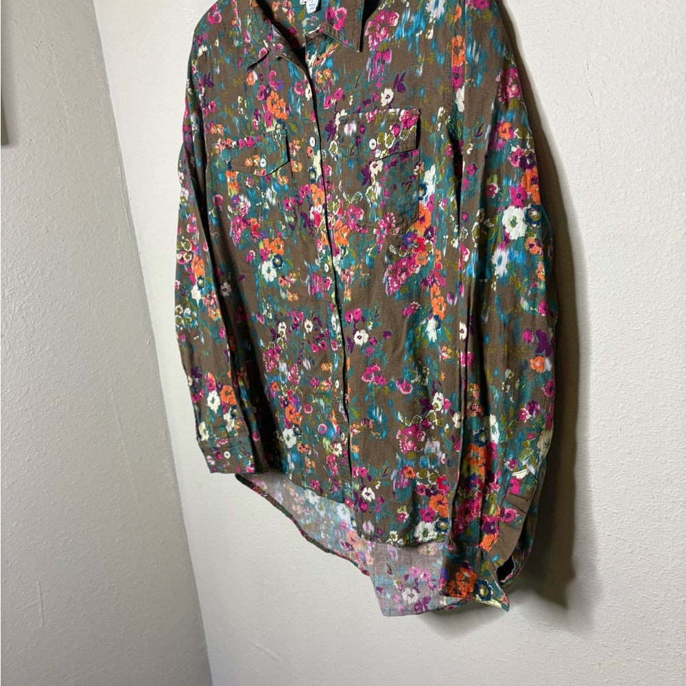 Sundance Olive Brown Floral Button-Up Blouse with Bright Multi-Color Print Large - Picture 2 of 6